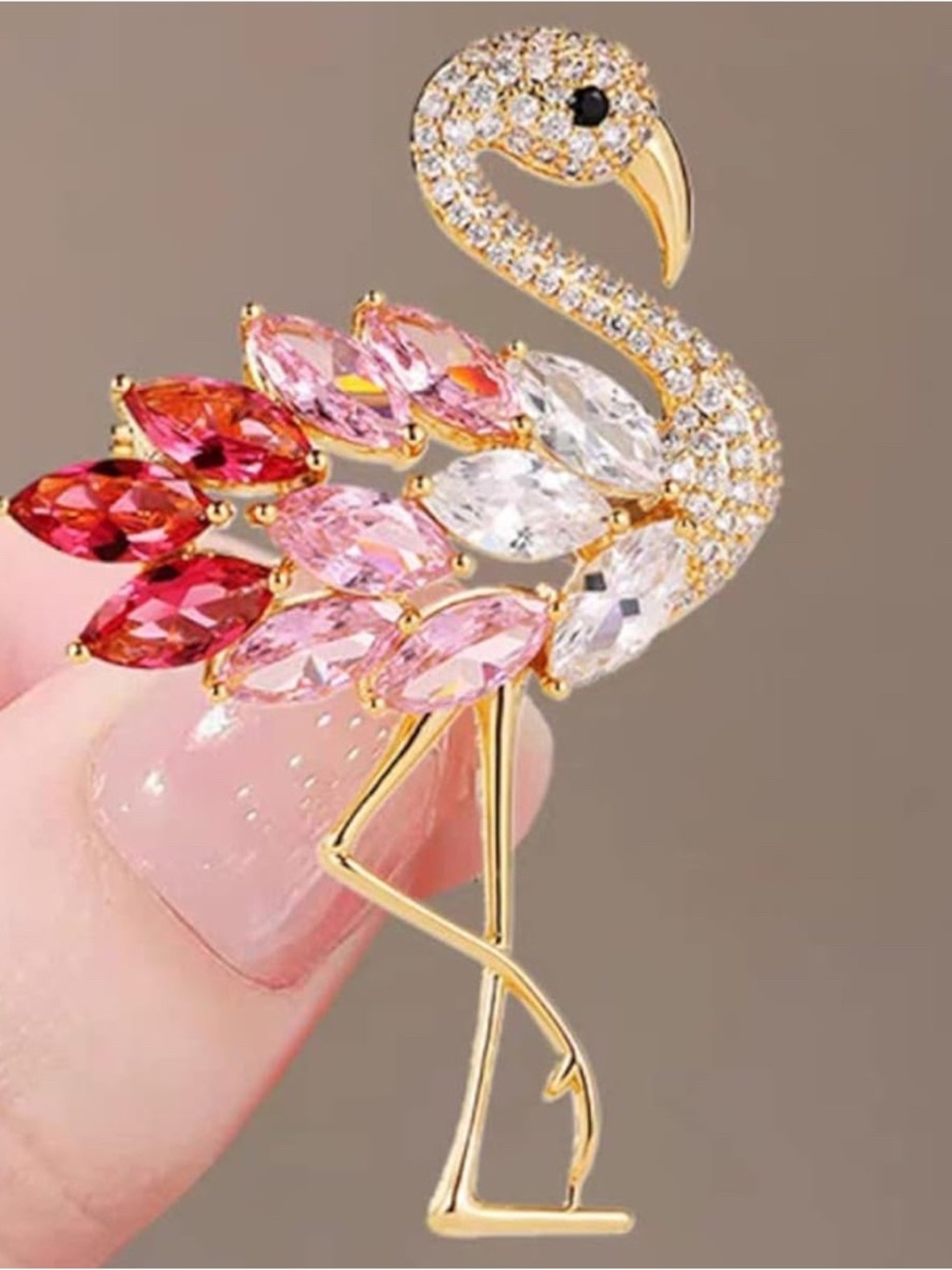 Vintage Gold Flamingo Brooch with Pink, Red and Clear Crystals